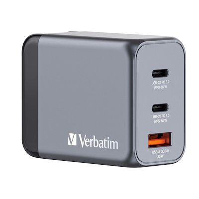 Verbatim Ladegerät ohne Kabel GaN mit USB-A Anschluss und 2 USB-C Anschlüsse 65W Stromlieferung / Schnellaufladung 3.0 Gray (GNC-65)