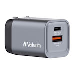 Verbatim Φορτιστής Χωρίς Καλώδιο με Θύρα USB-A και Θύρα USB-C 35W Power Delivery / Quick Charge 3.0 Γκρι (GNC-35)