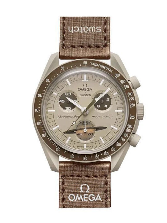 Swatch Moonswatch Mission to Saturn Men's Watch Battery with Brown Fabric Strap