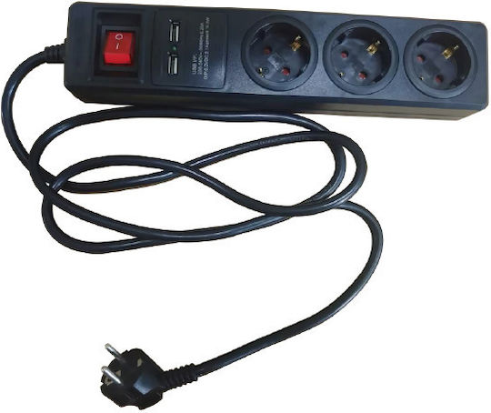 Aca Πολύπριζο 3 Θέσεων με 2 USB-A και Καλώδιο 1.5m