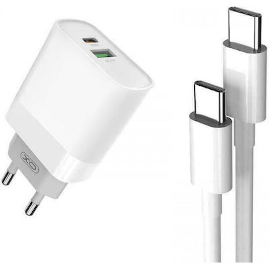 XO Φορτιστής με Θύρα USB-A και Θύρα USB-C και Καλώδιο USB-C - USB-C 20W Power Delivery / Quick Charge 3.0 Λευκός (L64)