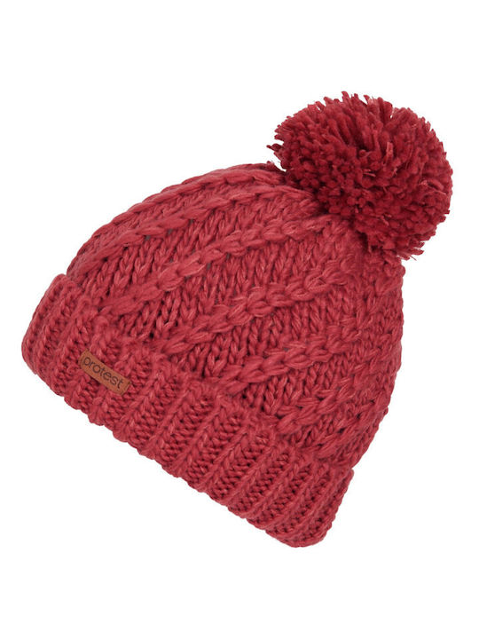 Protest Pom Pom Beanie Fleece Beanie Knitted in Red color