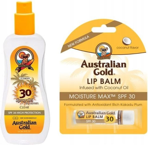 Australian Gold Spray De Protecție Solară 237ml + Balsam De Buze Cu Cocos 4.2g Set Cu Spray De Protecție Solară SPF30 2 Bucăți