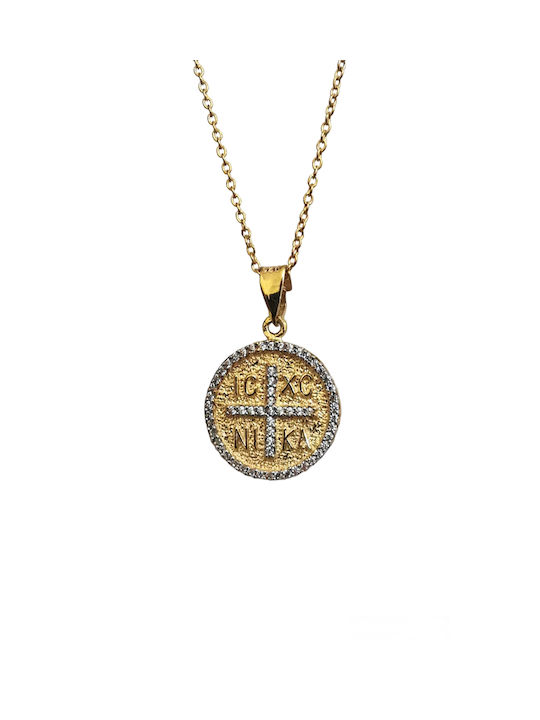 Vergoldete Silberhalskette 4 doppelseitig mit weißen Steinen, Kreuz und den Heiligen Konstantin und Helena mit vergoldeter Silberkette