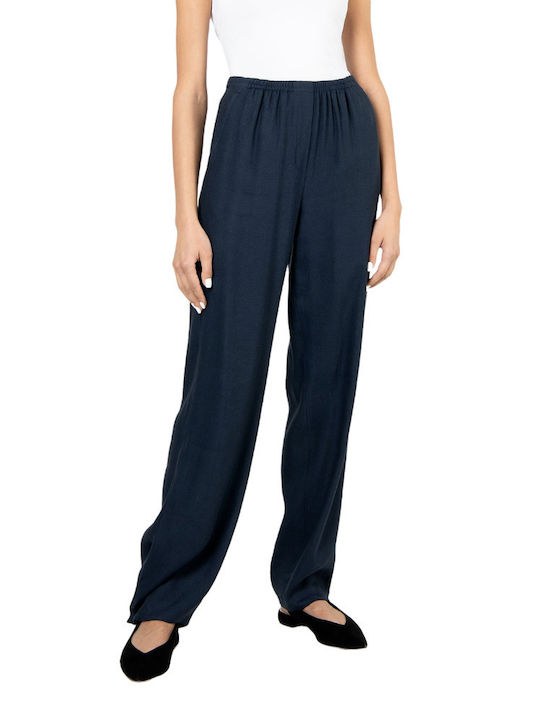 Armani Exchange Women's Linen Trousers with Elastic Navy Blue