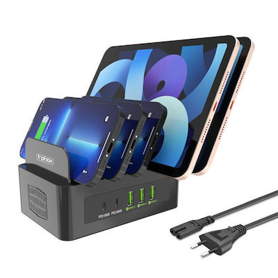 T-Phox Charging Stand with 3 USB-A Ports and 2 USB-C Ports 100W Power Delivery in Black color (Powerhub Dual Port)