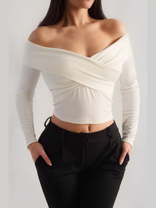 DOT Γυναικεία Μπλούζα Off-Shoulder Μακρυμάνικη Λευκή