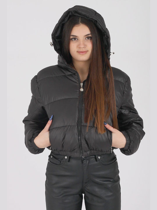 Epwnymo Women's Short Puffer Jacket for Winter with Hood Black