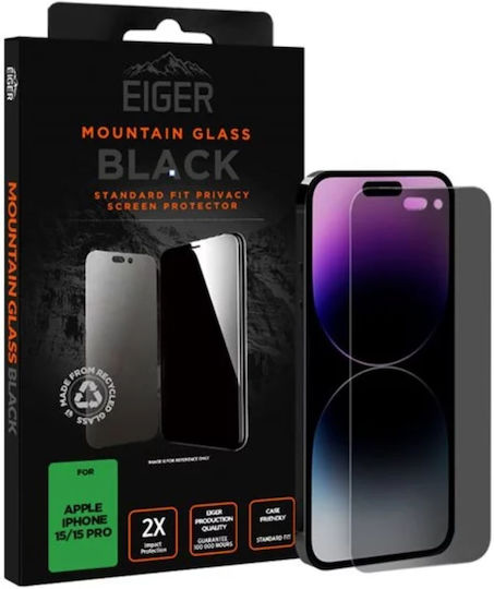 Eiger 2.5D Поверителност Закалено стъкло за цялото лице Черен (iPhone 15)