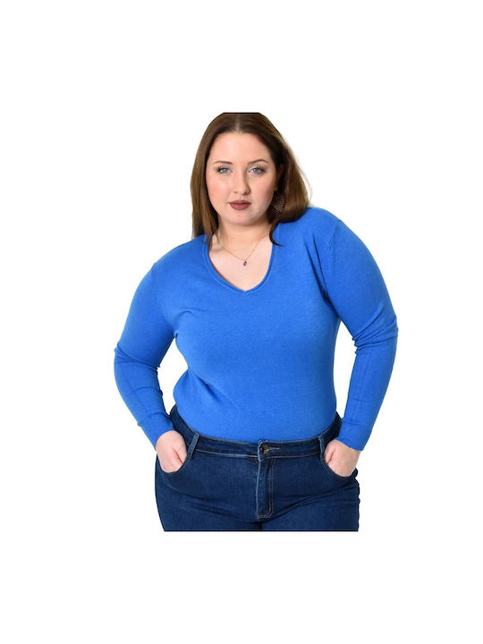 Potre Women's Long Sleeve Pullover with V Neck Blue Roulette