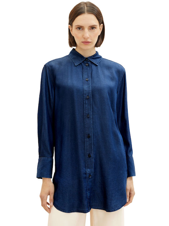 Tom Tailor Women's Denim Long Sleeve Shirt Blue (clean Mid Stone Blue Denim)