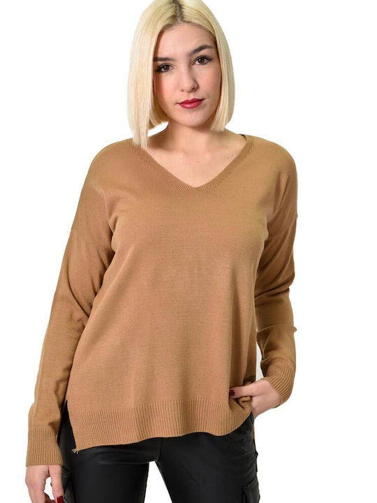 Potre Women's Long Sleeve Pullover Wool with V Neck Brown