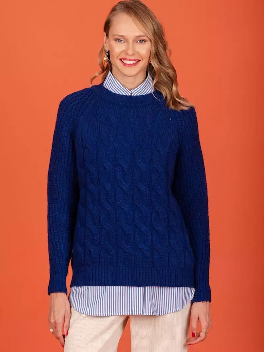 Chaton Women's Long Sleeve Sweater Woolen Blue