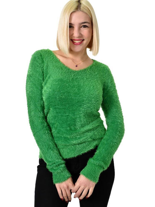 Potre Damen Langarm Pullover Baumwolle mit V-Ausschnitt Green