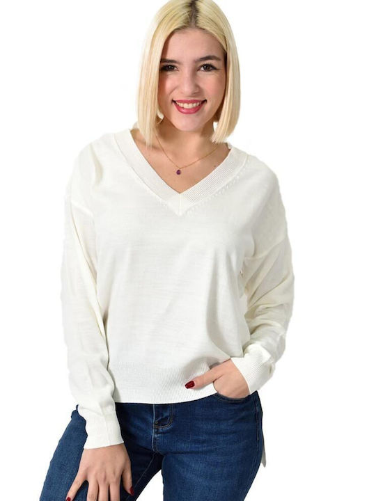 Potre Damen Langarm Pullover mit V-Ausschnitt Weiß