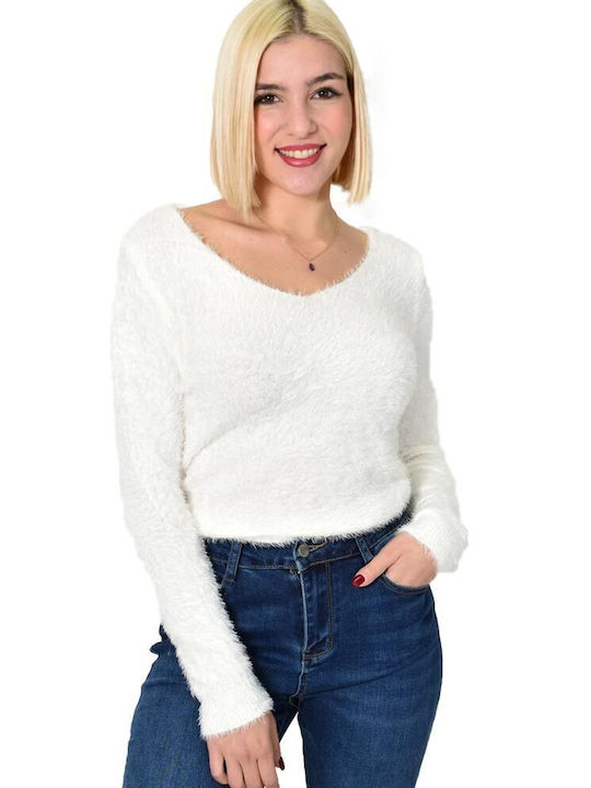 Potre Damen Langarm Pullover Baumwolle mit V-Ausschnitt Weiß