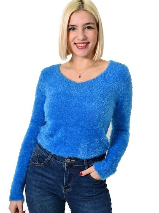 Potre Damen Langarm Pullover Baumwolle mit V-Ausschnitt Blue