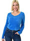 Potre Damen Langarm Pullover Baumwolle mit V-Ausschnitt Blue