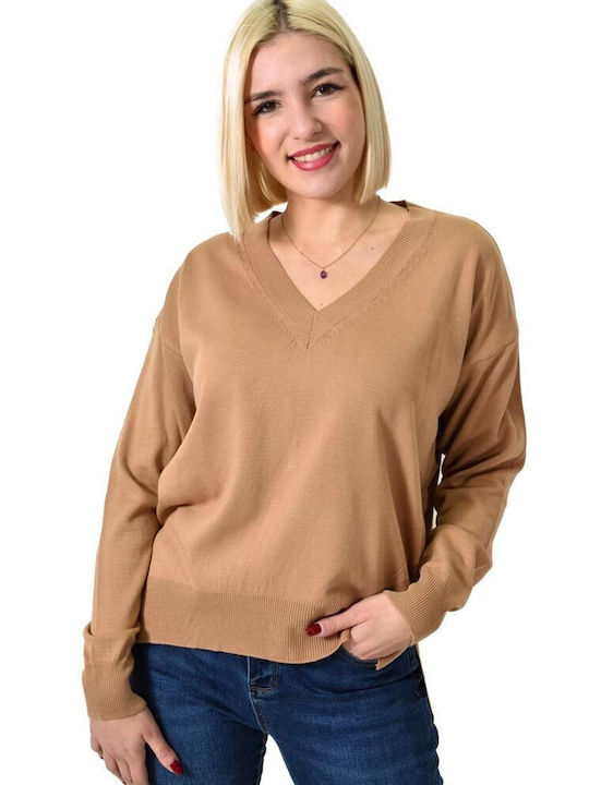 Potre Women's Long Sleeve Pullover with V Neck Coffee