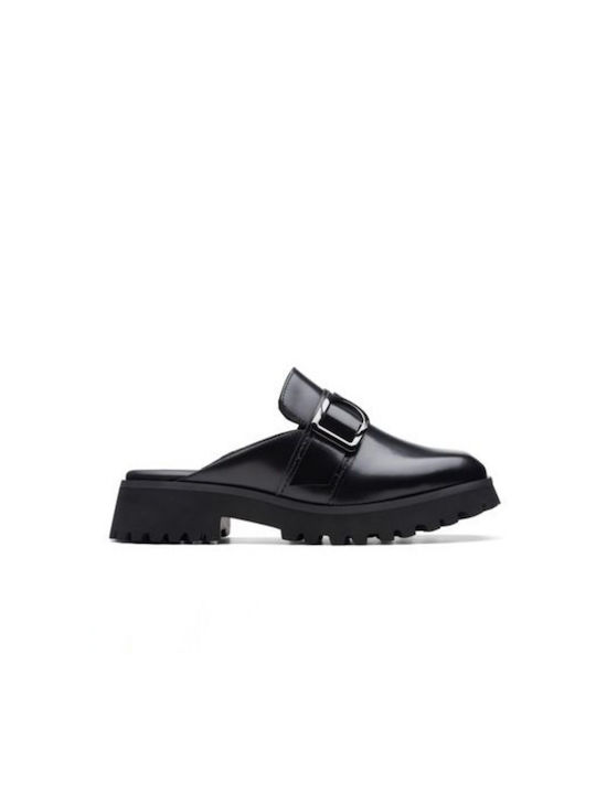 Clarks Chunky Heel Piele Mules Negru