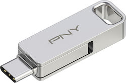 PNY Duo Link 64GB USB 3.2 Stick cu conexiune USB-A & USB-C Argint