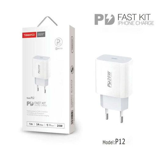 Tranyoo Ladegerät mit USB-C Anschluss und Kabel USB-C - Lightning 18W Weißs (P12)