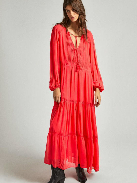 Pepe Jeans Maxi Kleid mit Rüschen Rot