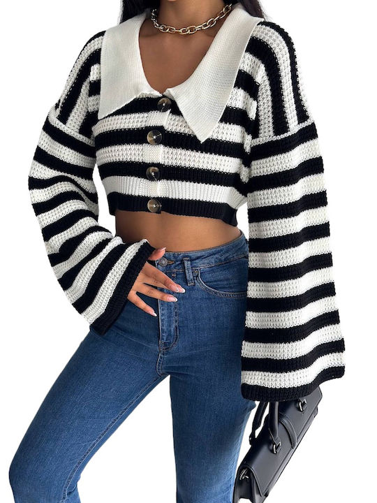 Women's Long Sleeve Crop Sweater Striped White