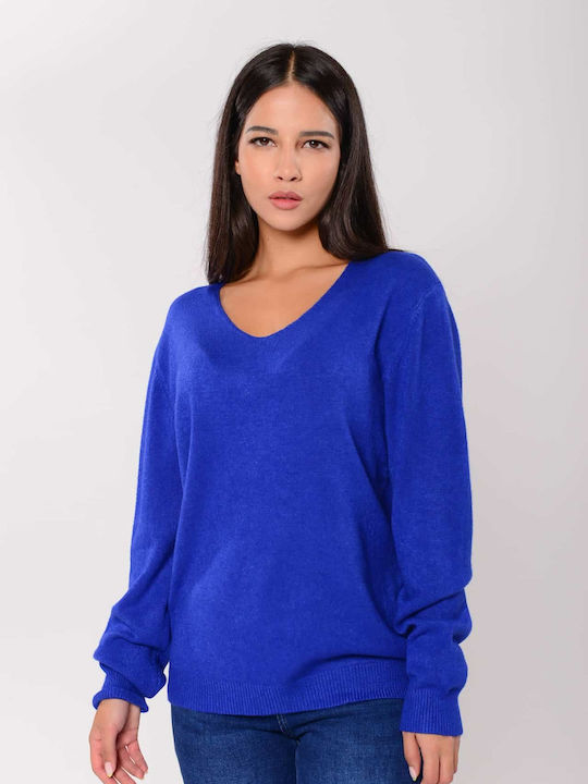 Doretta Women's Long Sleeve Sweater with V Neckline Polka Dot Blue