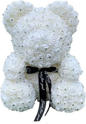 Bear of Artificial Roses White 25cm in Box Mohicans Black Line