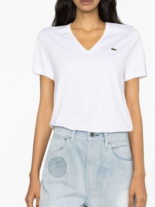 Lacoste Women's Blouse Cotton Short Sleeve with V Neck Polka Dot White