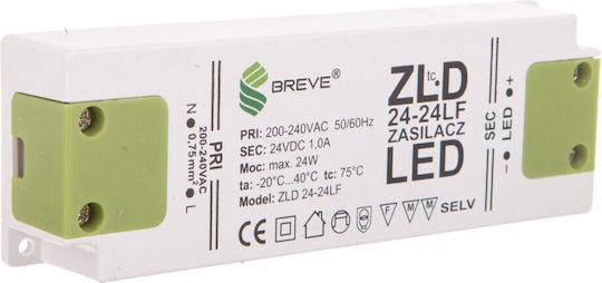 Breve Τροφοδοτικό LED IP20 Ισχύος 24W με Τάση Εξόδου 24V