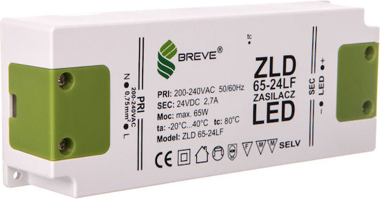 Breve Τροφοδοτικό LED IP20 Ισχύος 65W με Τάση Εξόδου 24V