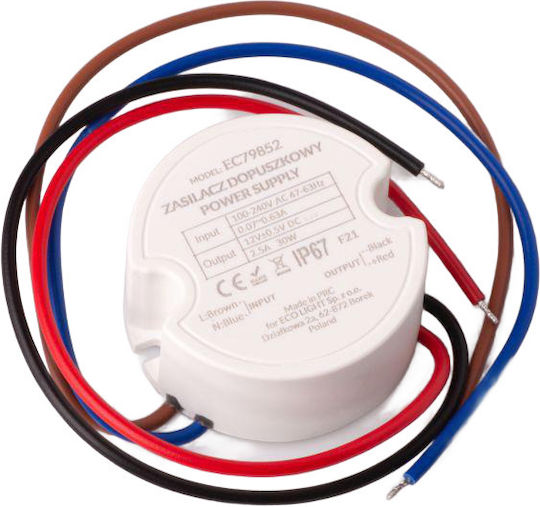 Eco Light LED-Netzteil Wasserdicht IP67 Leistung 30W mit Ausgangsspannung 12V
