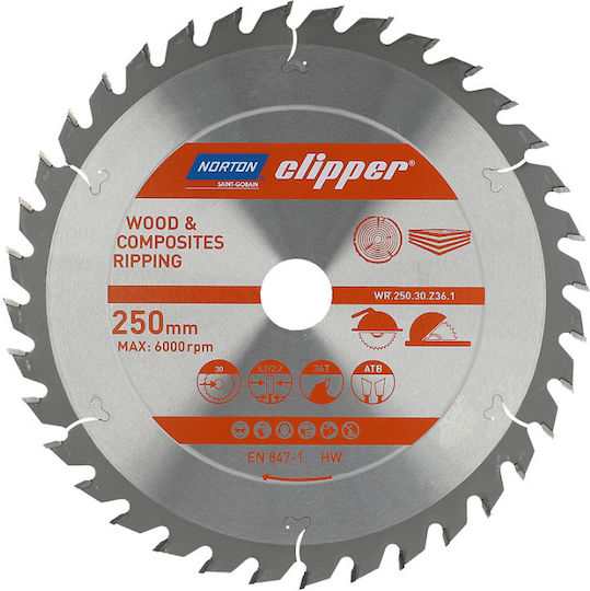 Norton Cutting Disc Wood Hole Diameter 250mm with 36 Teeth 1pcs