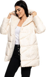 Splendid Women's Short Puffer Jacket for Winter with Hood Off White