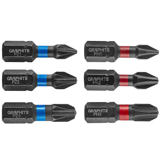 Graphite Set 6 Schraubendreher-Bits Stern / Kreuz Impact