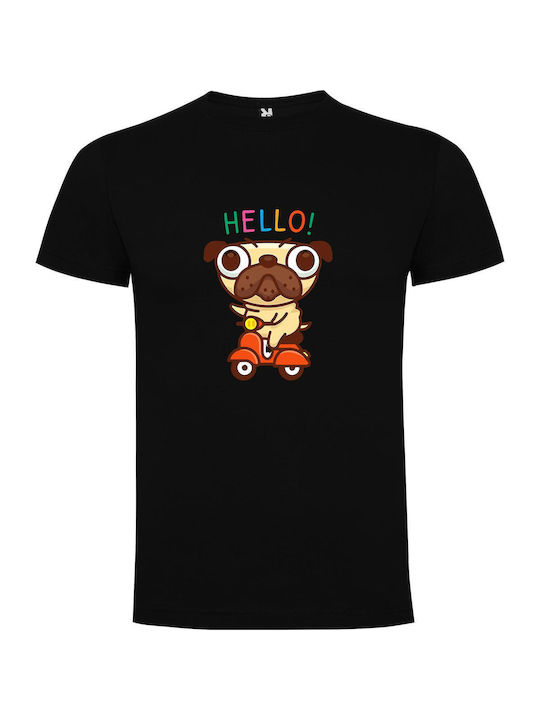 iLovePrints Hello Pug On Scooter T-shirt Schwarz Baumwoll-