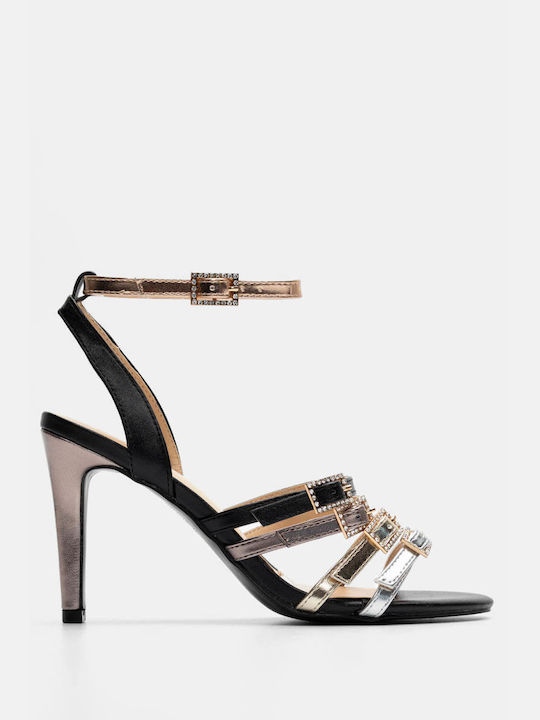 Luigi Synthetic Leather Women's Sandals with Strass & Ankle Strap Black with High Heel