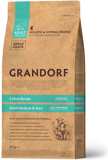 Grandorf Holistic & Hypoallergenic 10kg Dry Food Gluten-Free for Adult Medium & Large Breed Dogs with Turkey, Lamb, Duck and Rabbit