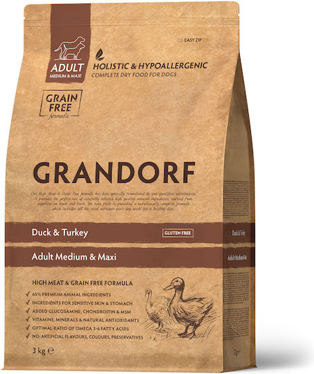 Grandorf Holistic & Hypoallergenic 3kg Dry Food Grain-Free & Gluten-Free for Adult Medium & Large Breed Dogs with Duck and Turkey