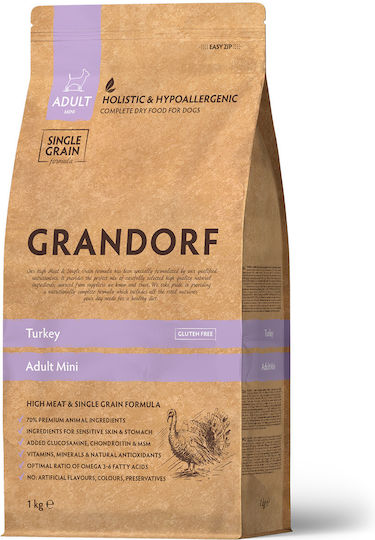 Grandorf Holistic & Hypoallergenic 1kg Dry Food Gluten-Free for Adult Small Breed Dogs with Turkey