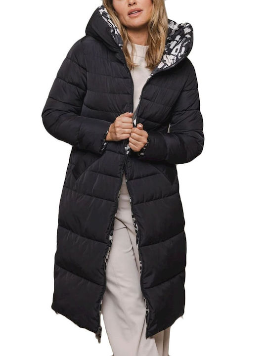 Rino&Pelle Women's Long Puffer Jacket Double Sided for Winter with Hood Black
