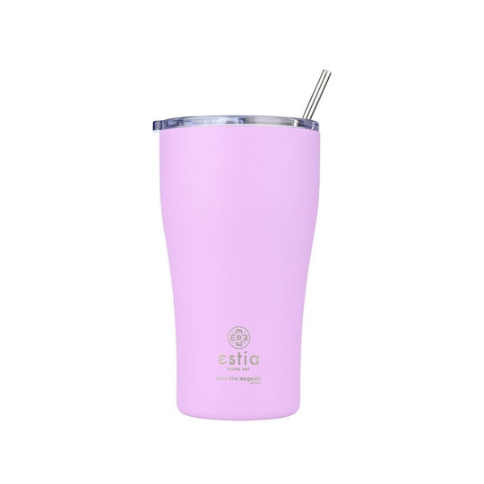 Estia Cană de Cafea Save The Aegean Pahar Termos Reciclabil din Oțel Inoxidabil Fără BPA 500 ml Mov Lavandă cu Pai