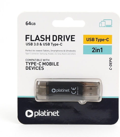 Platinet C-depo 64GB USB 3.2 Стик с връзка USB-A & USB-C Черен