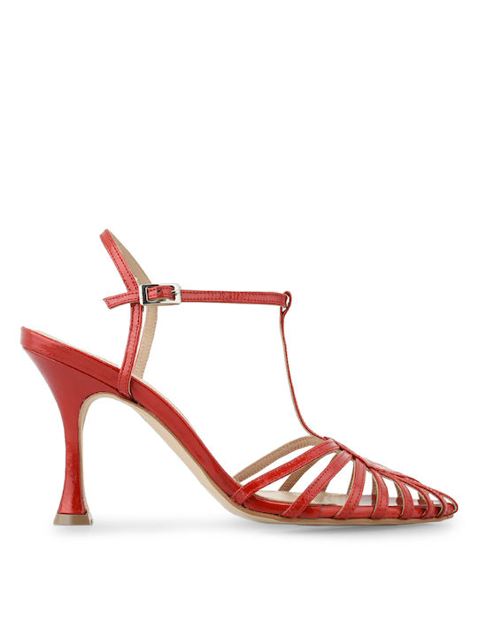 Tsakiris Mallas Leather Women's Sandals Red with High Heel