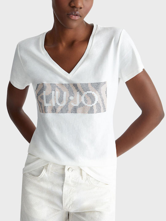 Liu Jo Damen T-Shirt mit V-Ausschnitt Weiß