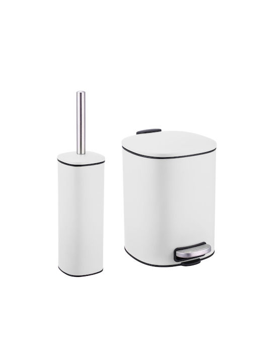 Eurocasa Metallisch Set aus Toilettenbürste und Mülleimer für das Badezimmer Sanftes Schließen 5Es Weiß
