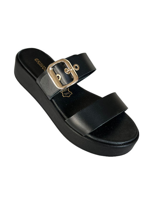 Gkavogiannis Sandals Δερμάτινα Γυναικεία Σανδάλια Flatforms σε Μαύρο Χρώμα