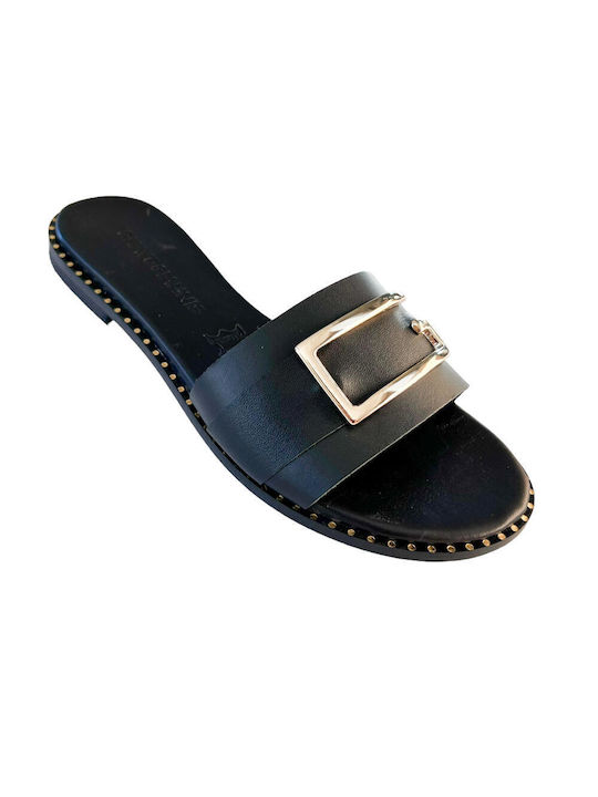 Gkavogiannis Sandals Leather Women's Flat Sandals in Black Color